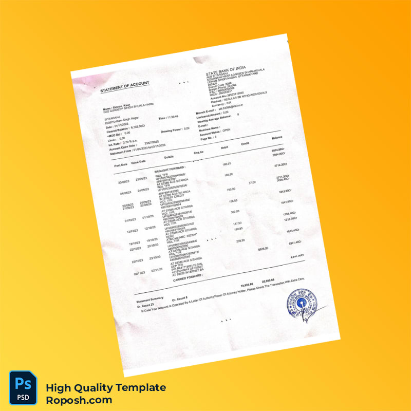 India Simran Bank Statement Template in Word and PDF formats 4 page India Simran Bank Statement Template in Word and PDF formats 4 page