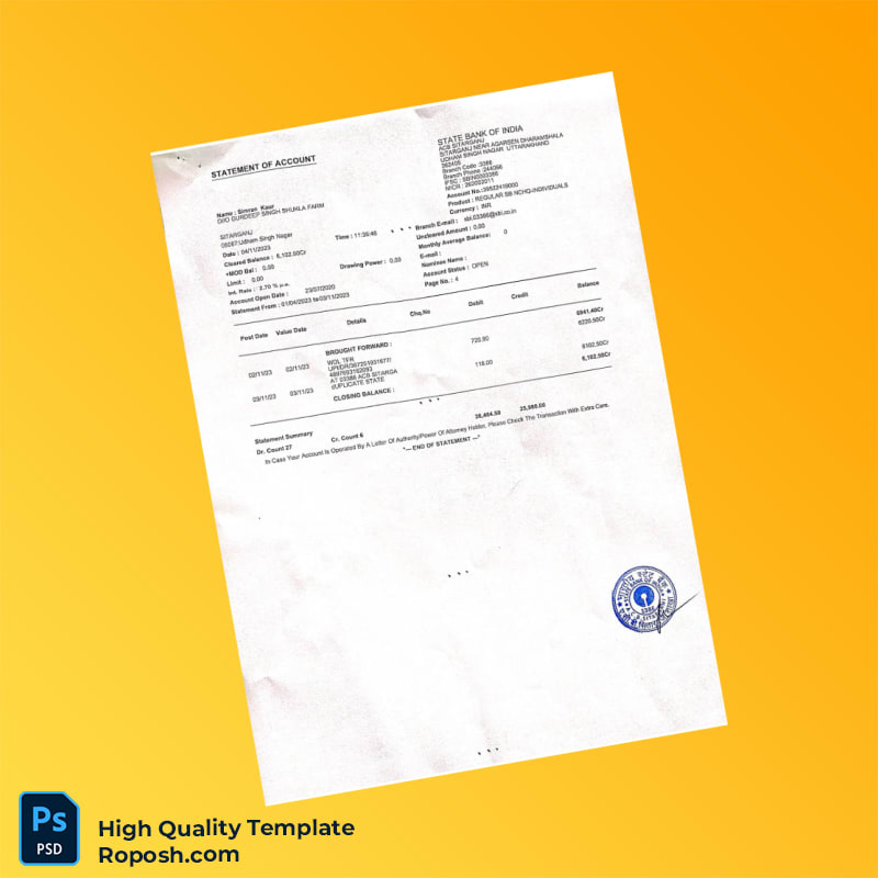 India Simran Bank Statement Template in Word and PDF formats 4 page India Simran Bank Statement Template in Word and PDF formats 4 page