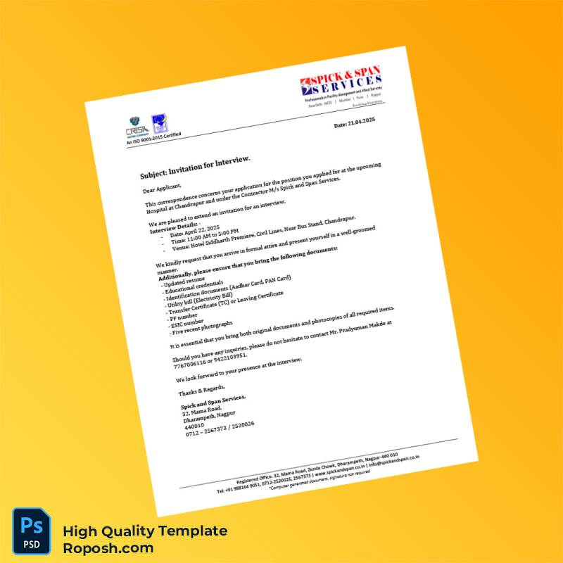 India Spick and Span Services Editable Interview Call Letter Template in Word and PDF formats India Spick and Span Services Editable Interview Call Letter Template in Word and PDF formats