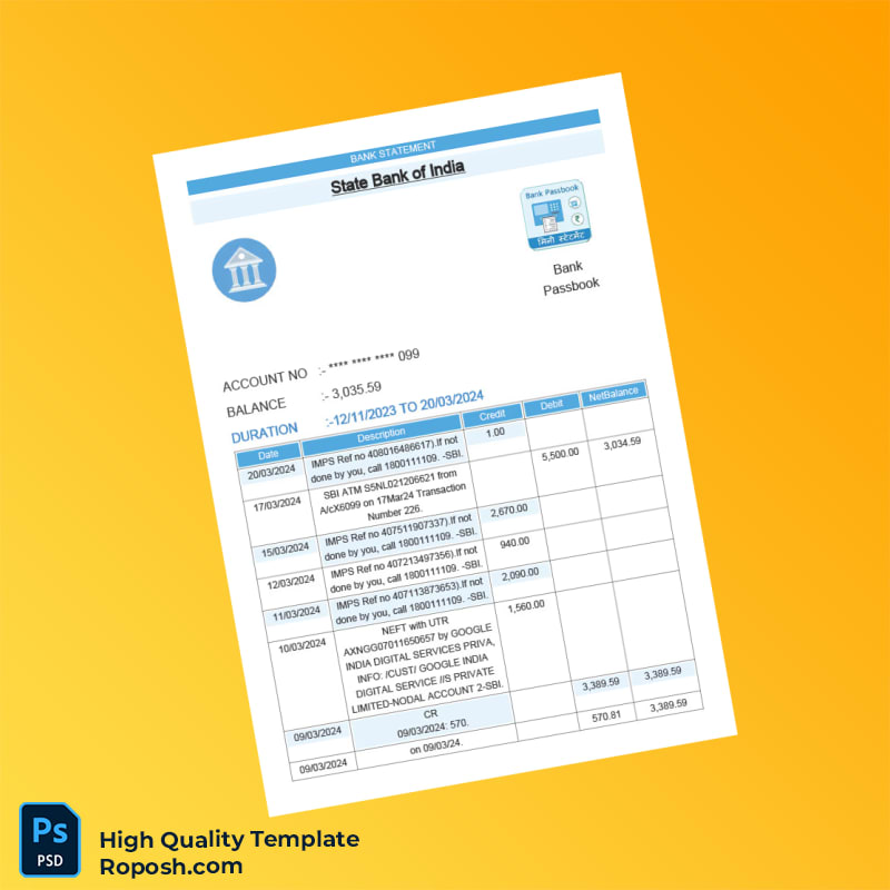 India State Bank of India Bank Statement Template in Word and PDF formats 4 page India State Bank of India Bank Statement Template in Word and PDF formats 4 page