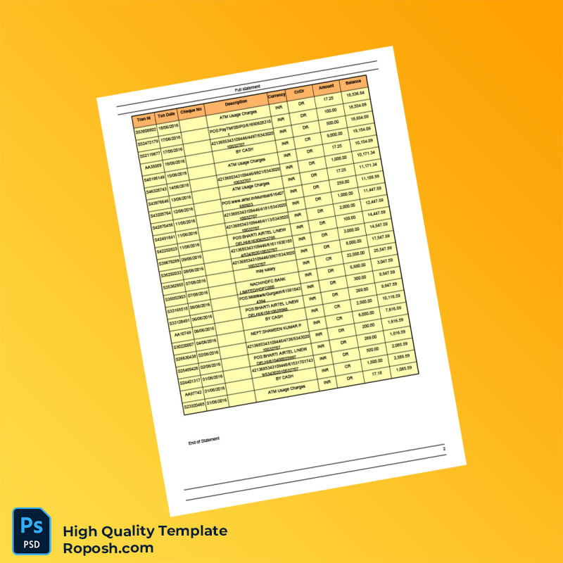 India Union Bank Account Statement Template in Word and PDF formats 2 page India Union Bank Account Statement Template in Word and PDF formats 2 page