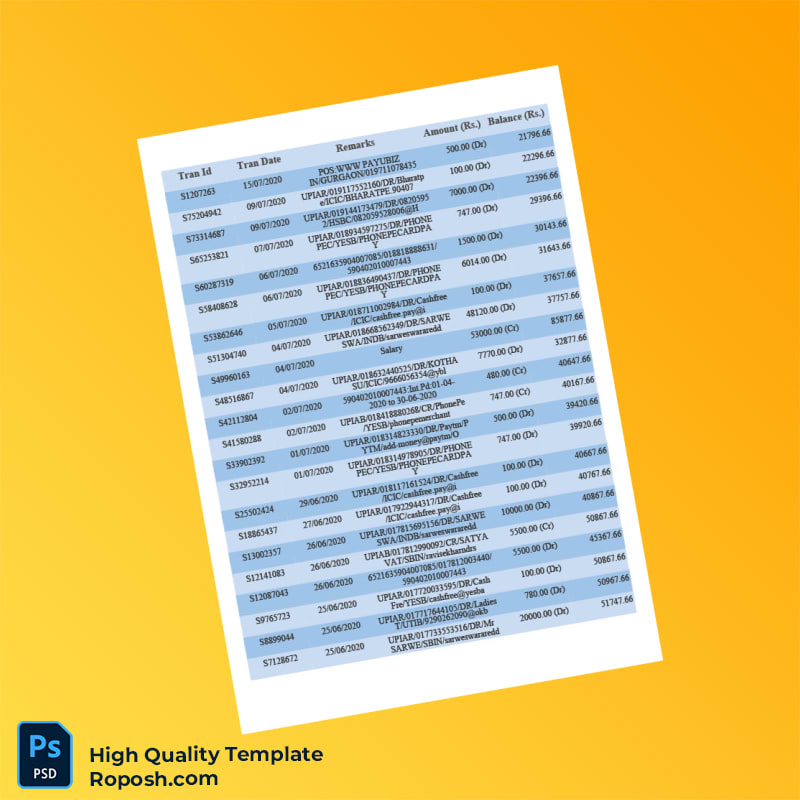 India Union Bank Bank Statement Template in Word and PDF formats 5 page India Union Bank Bank Statement Template in Word and PDF formats 5 page