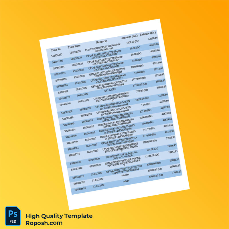 India Union Bank Bank Statement Template in Word and PDF formats 5 page India Union Bank Bank Statement Template in Word and PDF formats 5 page