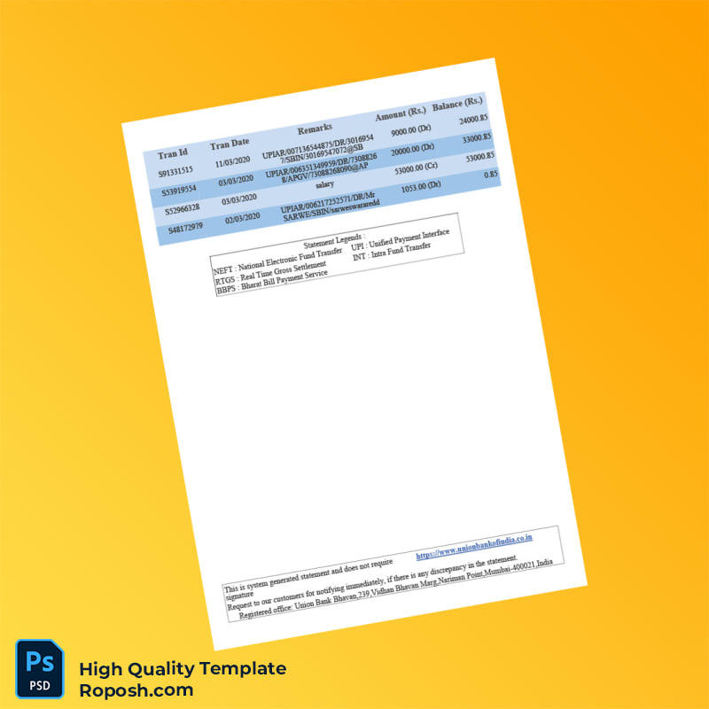 India Union Bank Bank Statement Template in Word and PDF formats 5 page India Union Bank Bank Statement Template in Word and PDF formats 5 page