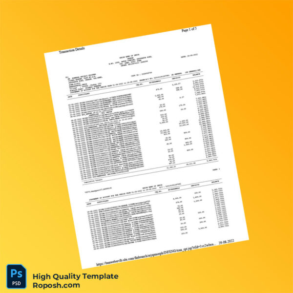 India Union Bank of India Bank Statement Template in Word and PDF formats 5 page