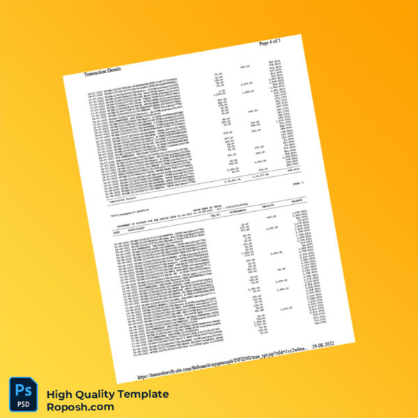India Union Bank of India Bank Statement Template in Word and PDF formats 5 page