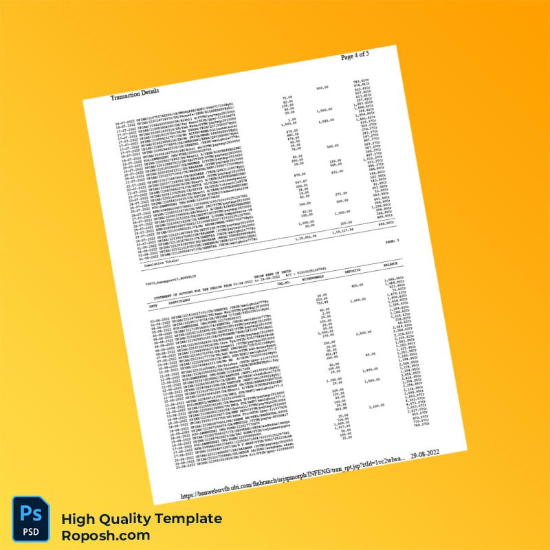 India Union Bank of India Bank Statement Template in Word and PDF formats 5 page India Union Bank of India Bank Statement Template in Word and PDF formats 5 page