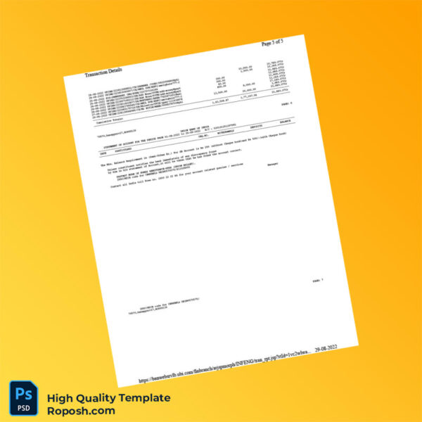 India Union Bank of India Bank Statement Template in Word and PDF formats 5 page