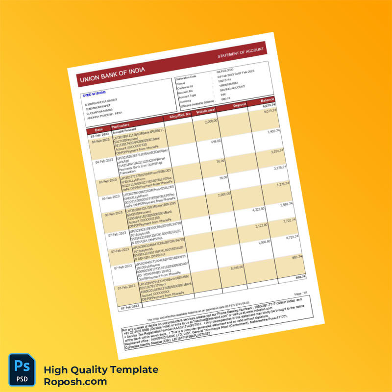 India Union Bank of India Statement Template in Word and PDF formats India Union Bank of India Statement Template in Word and PDF formats