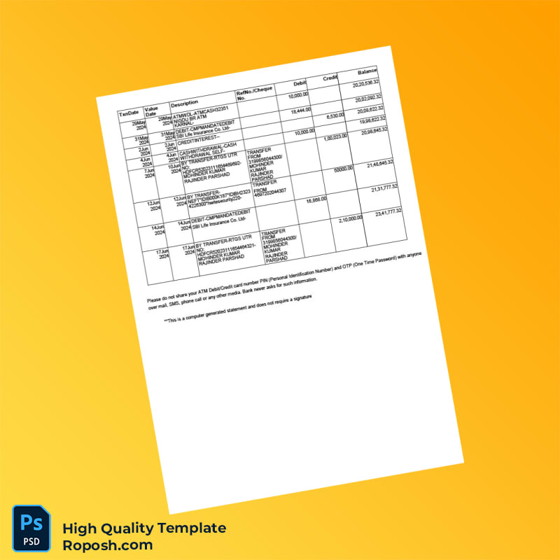 India Vijay Bank Statement Template in Word and PDF formats 3 page India Vijay Bank Statement Template in Word and PDF formats 3 page
