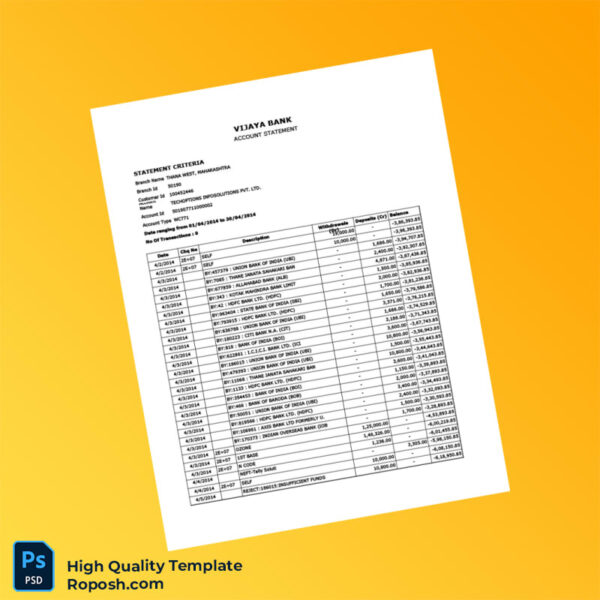 India Vijaya Bank Statement Template in Word and PDF formats 7 page