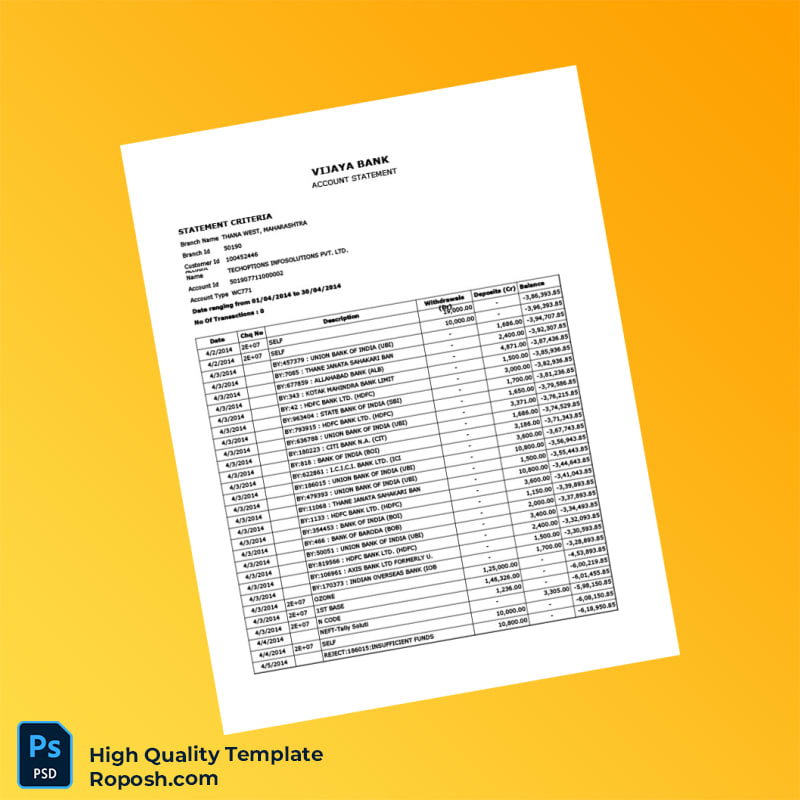 India Vijaya Bank Statement Template in Word and PDF formats 7 page India Vijaya Bank Statement Template in Word and PDF formats 7 page
