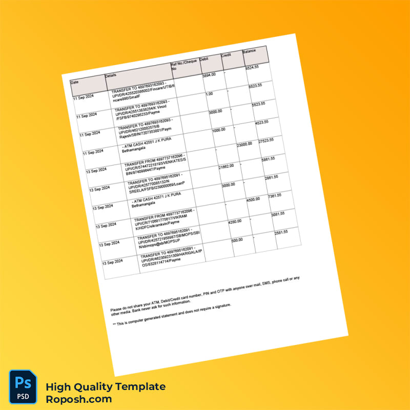 India Viond Bank Statement Template in Word and PDF formats 3 page India Viond Bank Statement Template in Word and PDF formats 3 page