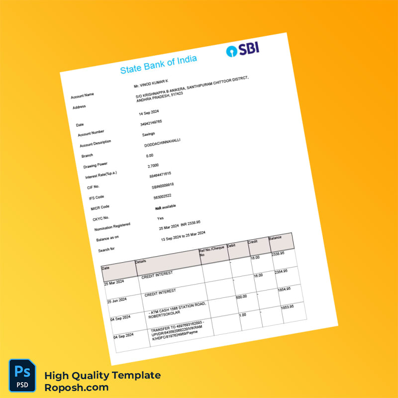 India Viond Bank Statement Template in Word and PDF formats 3 page India Viond Bank Statement Template in Word and PDF formats 3 page