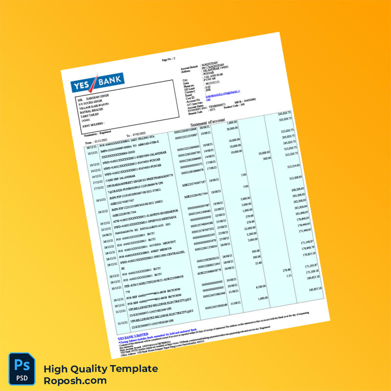 India YES Bank Bank Statement Template in Word and PDF formats 4 page India YES Bank Bank Statement Template in Word and PDF formats 4 page