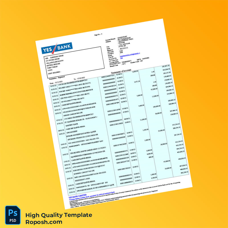 India YES Bank Bank Statement Template in Word and PDF formats 4 page India YES Bank Bank Statement Template in Word and PDF formats 4 page