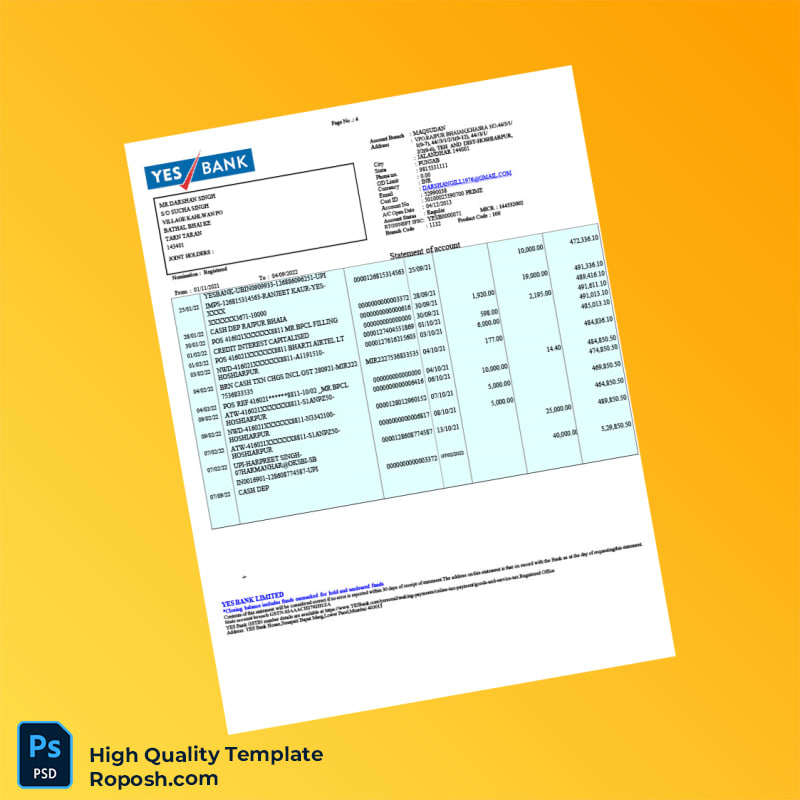 India YES Bank Bank Statement Template in Word and PDF formats 4 page India YES Bank Bank Statement Template in Word and PDF formats 4 page