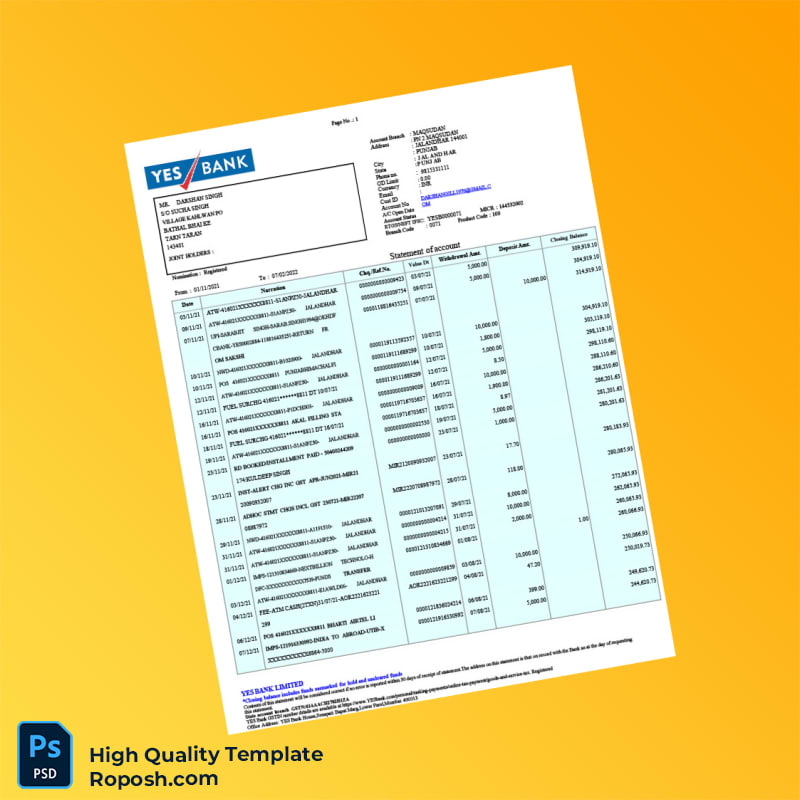 India YES Bank Bank Statement Template in Word and PDF formats 4 page India YES Bank Bank Statement Template in Word and PDF formats 4 page