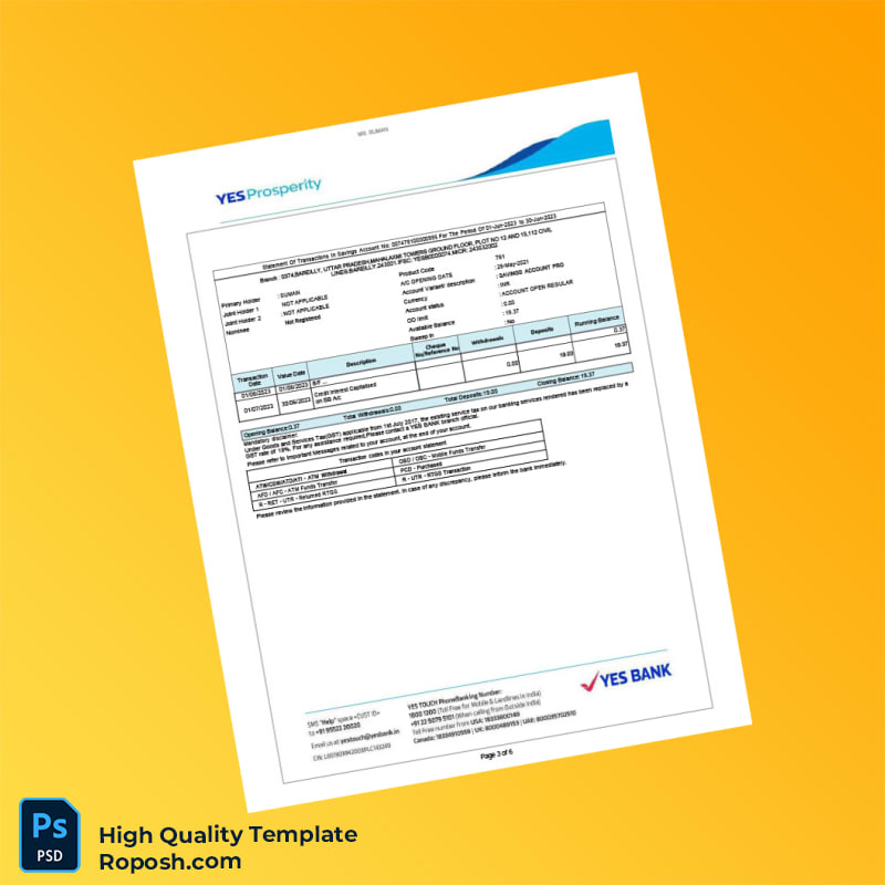 India Yes Bank Statement Template in Word and PDF formats 6 page India Yes Bank Statement Template in Word and PDF formats 6 page