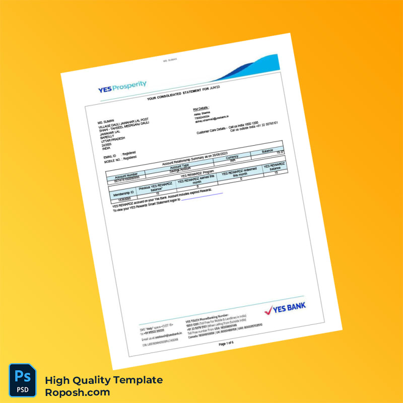 India Yes Bank Statement Template in Word and PDF formats 6 page India Yes Bank Statement Template in Word and PDF formats 6 page