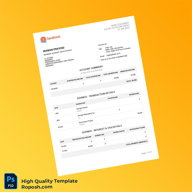 Indonesia Seabank Bank Statement Template in Word and PDF formats 2 page Indonesia Seabank Bank Statement Template in Word and PDF formats 2 page