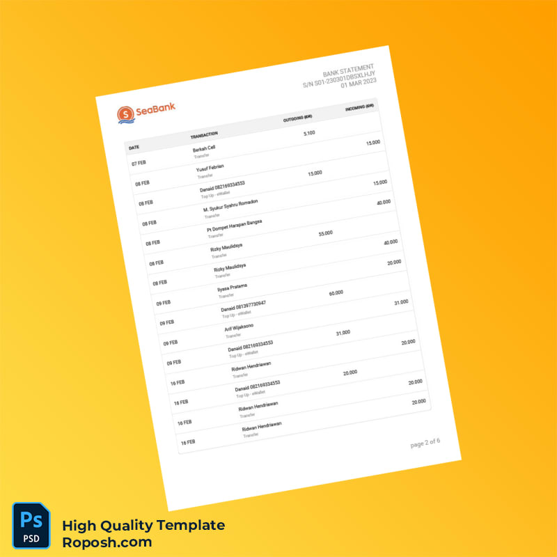 Indonesia Seabank Statement Template in Word and PDF formats 6 page Indonesia Seabank Statement Template in Word and PDF formats 6 page