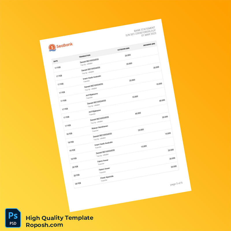 Indonesia Seabank Statement Template in Word and PDF formats 6 page Indonesia Seabank Statement Template in Word and PDF formats 6 page