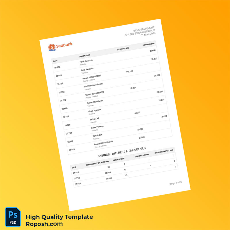 Indonesia Seabank Statement Template in Word and PDF formats 6 page Indonesia Seabank Statement Template in Word and PDF formats 6 page