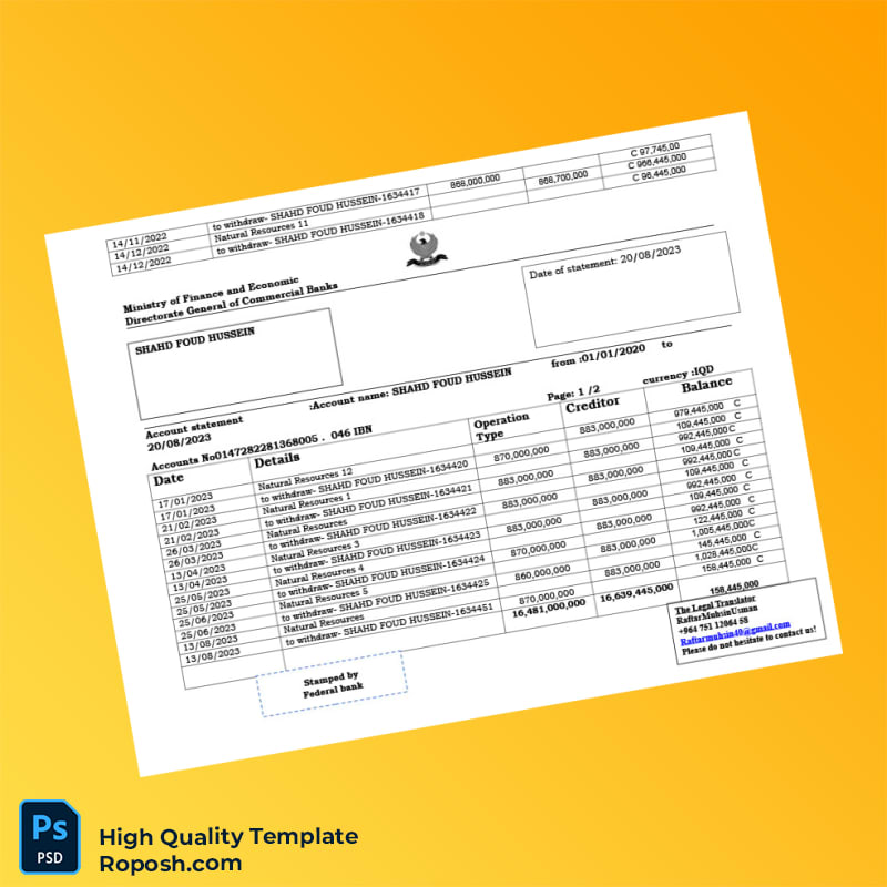 Iraq Bank Statement Template in Word and PDF formats 3 page Iraq Bank Statement Template in Word and PDF formats 3 page