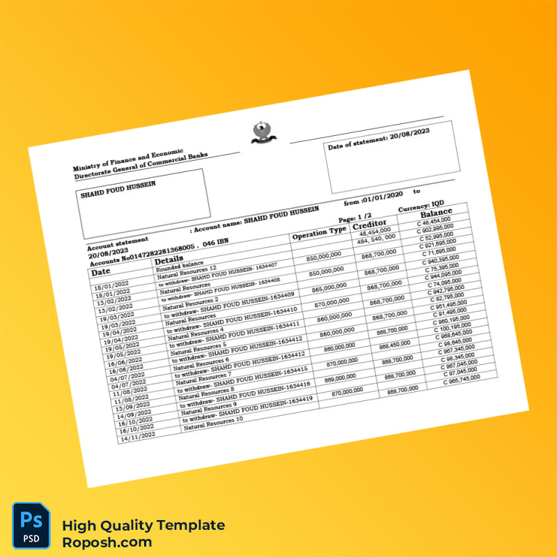Iraq Bank Statement Template in Word and PDF formats 3 page Iraq Bank Statement Template in Word and PDF formats 3 page
