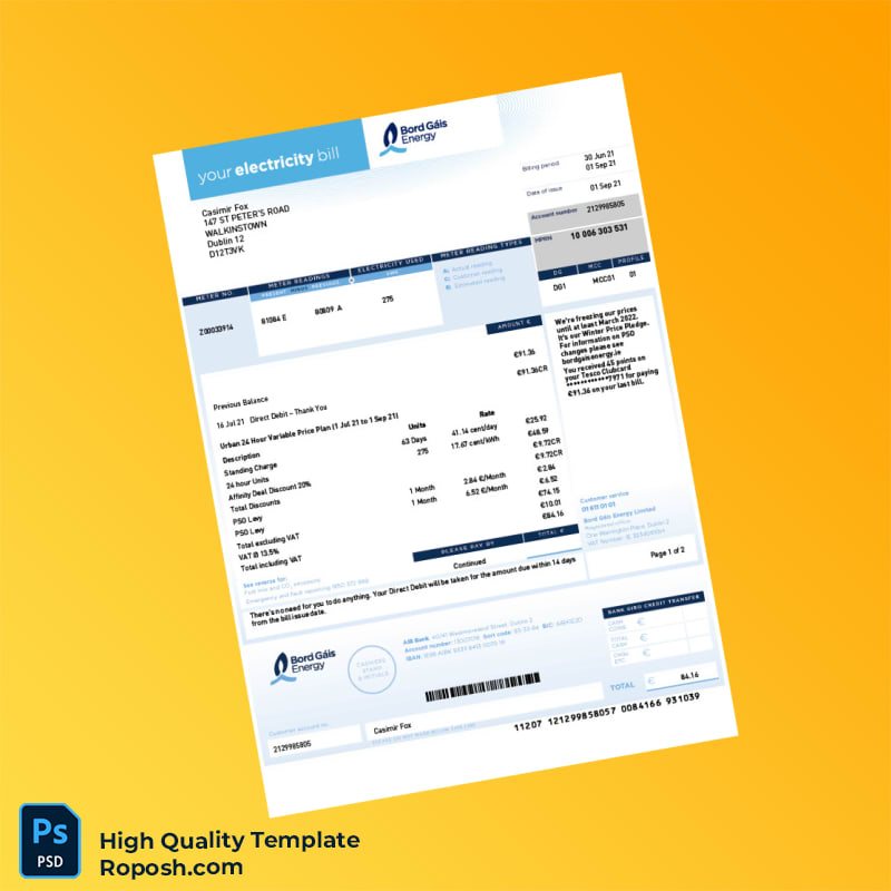 Ireland Bord Gáis Energy Editable Electricity Bill Template in Word and PDF formats 3 page Ireland Bord Gáis Energy Editable Electricity Bill Template in Word and PDF formats 3 page