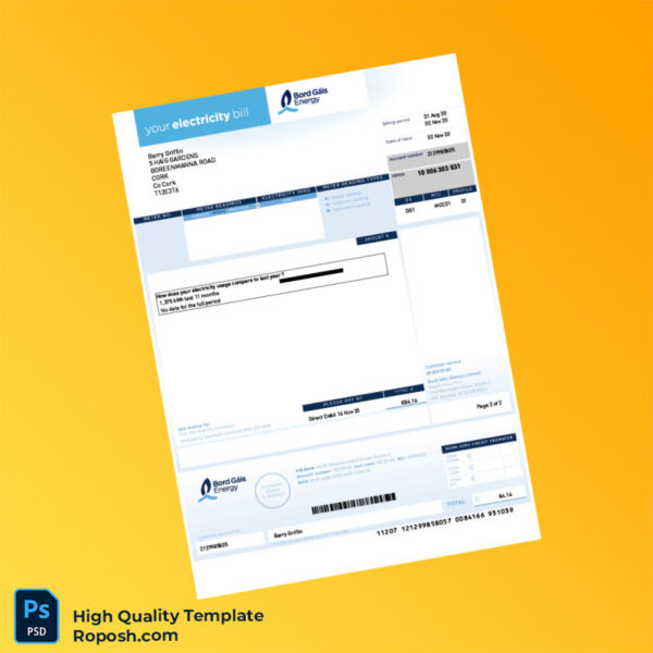 Ireland Bord Gáis Energy Editable Electricity Bill Template in Word and PDF formats 3 page