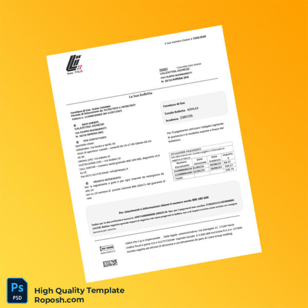 Italy Editable Gas Bill Template in Word and PDF formats