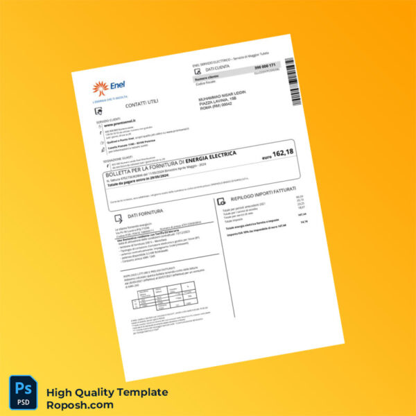 Italy Enel Editable Utility Bill Template in Word and PDF formats