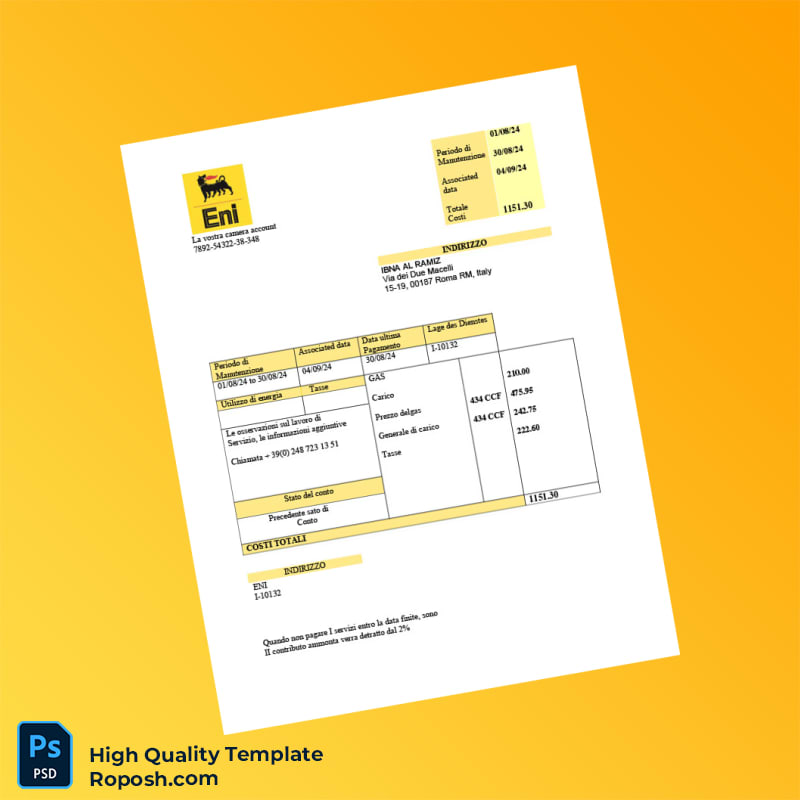 Italy Eni Editable Gas Utility Business Bill Template in Word and PDF formats Italy Eni Editable Gas Utility Business Bill Template in Word and PDF formats