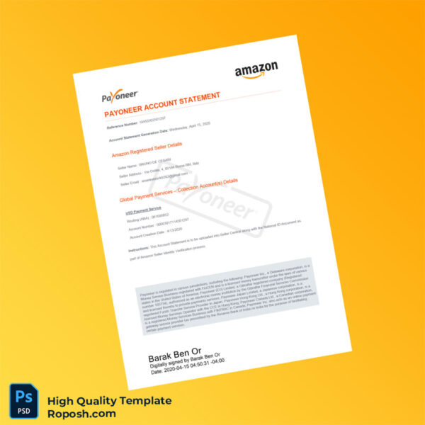 Italy Payoneer Account Statement Template in Word and PDF formats