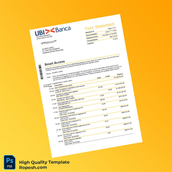 Italy UBI Bank Bank Statement Template in Word and PDF formats