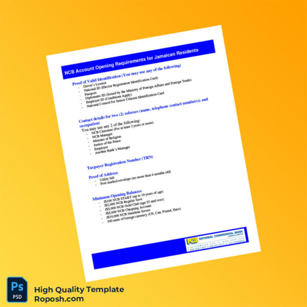 Jamaica National Commercial Bank Editable Account Opening Requirements Template in Word and PDF formats