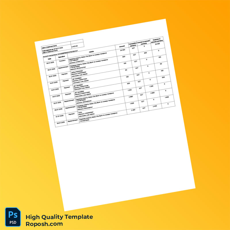 Kazakhstan Alatau City Bank Statement Template in Word and PDF formats 8 page Kazakhstan Alatau City Bank Statement Template in Word and PDF formats 8 page