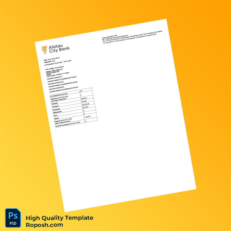 Kazakhstan Alatau City Bank Statement Template in Word and PDF formats 8 page Kazakhstan Alatau City Bank Statement Template in Word and PDF formats 8 page