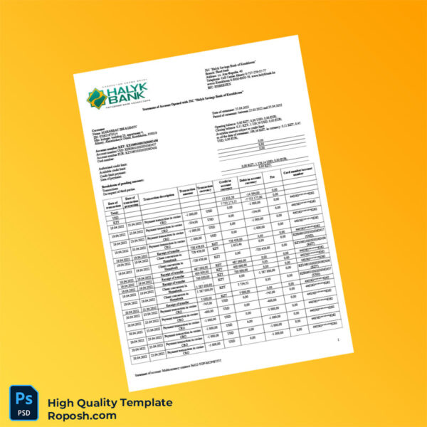 Kazakhstan Halyk Bank Statement Template in Word and PDF formats 3 page