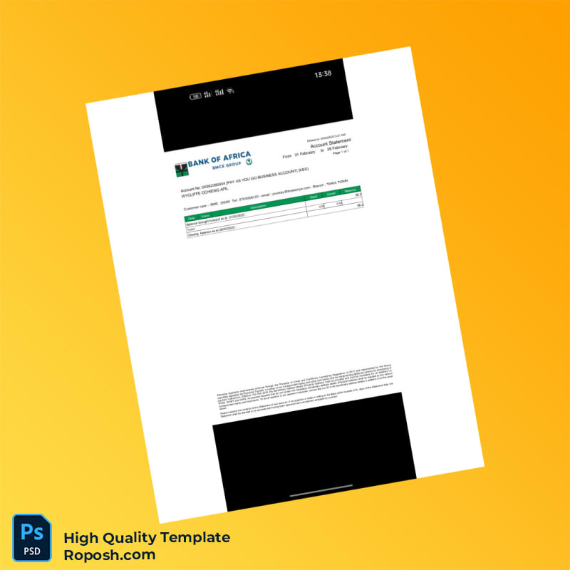 Kenya Bank Of Africa Account Statement Template in Word and PDF formats Kenya Bank Of Africa Account Statement Template in Word and PDF formats