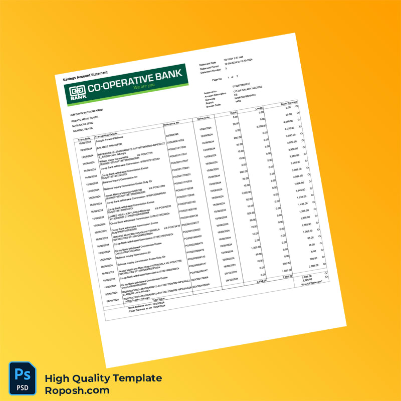 Kenya Co-op Bank Savings Account Statement Template in Word and PDF formats 2 page Kenya Co-op Bank Savings Account Statement Template in Word and PDF formats 2 page
