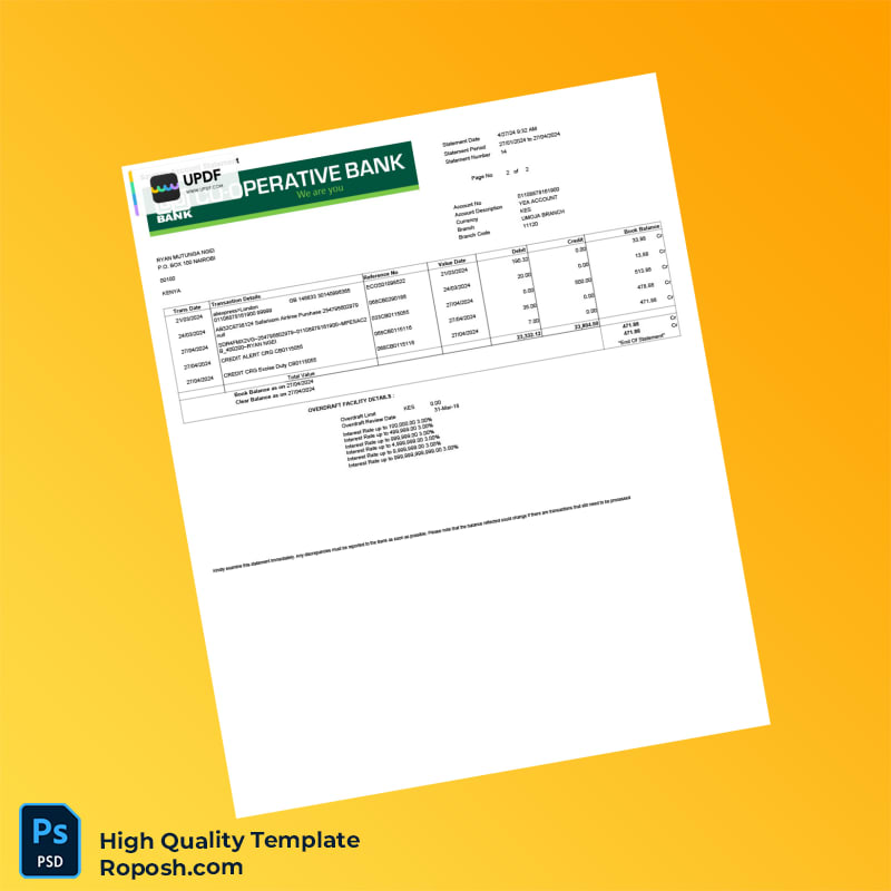 Kenya Cooperative Bank Statement Template in Word and PDF formats 2 page Kenya Cooperative Bank Statement Template in Word and PDF formats 2 page