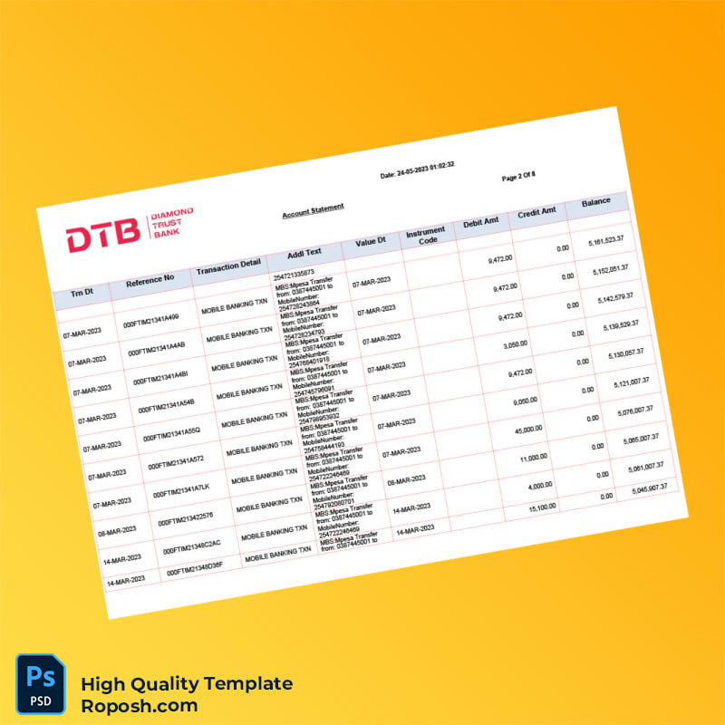 Kenya DTB Bank Statement Template in Word and PDF formats 8 page Kenya DTB Bank Statement Template in Word and PDF formats 8 page