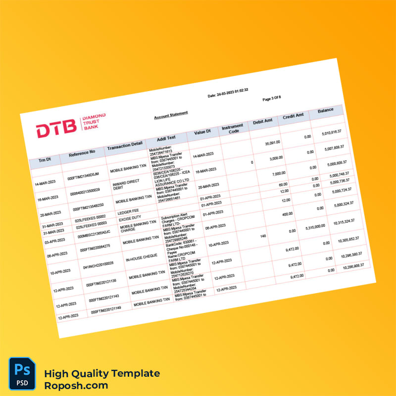 Kenya DTB Bank Statement Template in Word and PDF formats 8 page Kenya DTB Bank Statement Template in Word and PDF formats 8 page