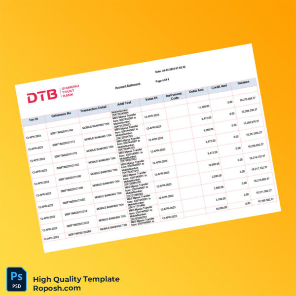 Kenya DTB Bank Statement Template in Word and PDF formats 8 page