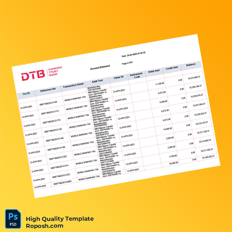 Kenya DTB Bank Statement Template in Word and PDF formats 8 page Kenya DTB Bank Statement Template in Word and PDF formats 8 page