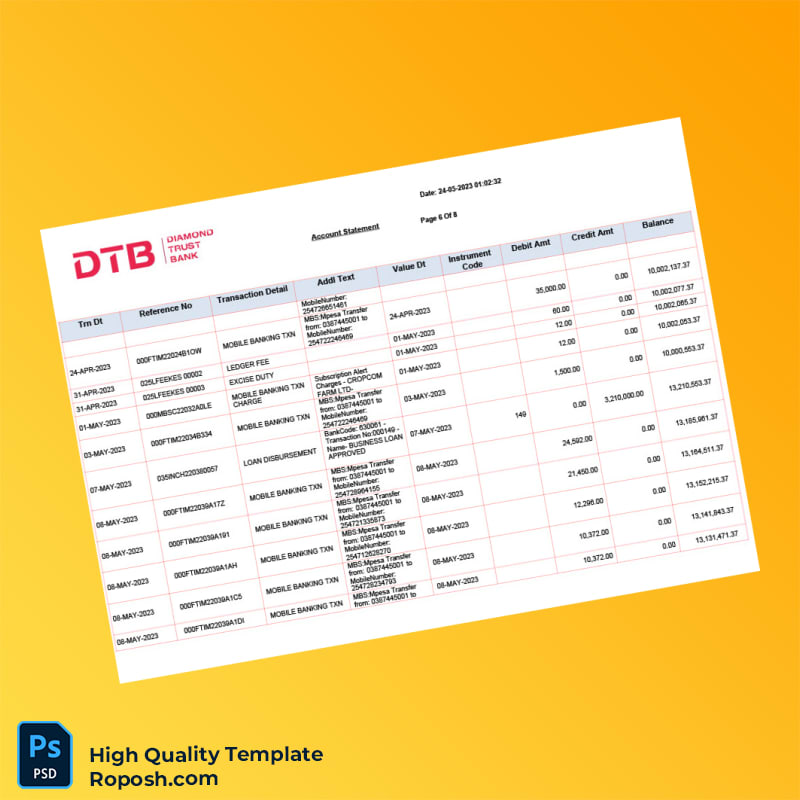 Kenya DTB Bank Statement Template in Word and PDF formats 8 page Kenya DTB Bank Statement Template in Word and PDF formats 8 page