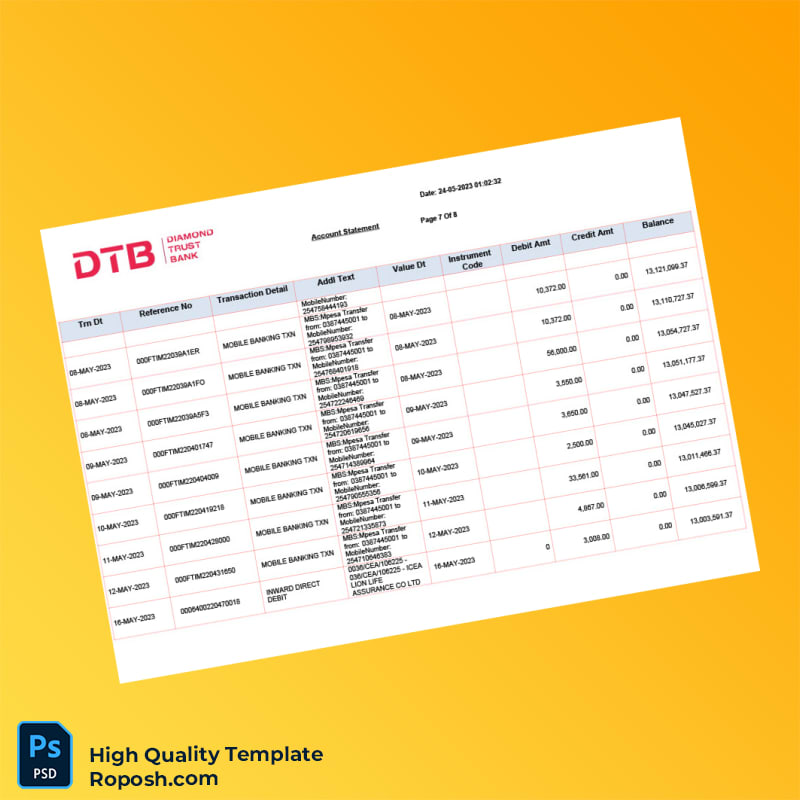 Kenya DTB Bank Statement Template in Word and PDF formats 8 page Kenya DTB Bank Statement Template in Word and PDF formats 8 page